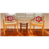 Image 5 : Set Of Two Vintage Wooden Chairs 22W x 30T And Side Table 22W x 19T With Decorative Pillows