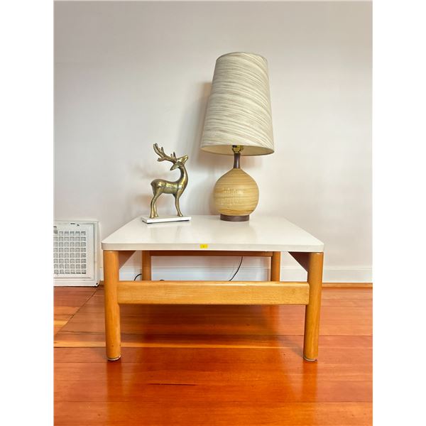 Pottery Style Lamp 26T (Needs New Bulb) ,Decorative Brass Deer,And Minimalist Table 26L x 26W x 15T
