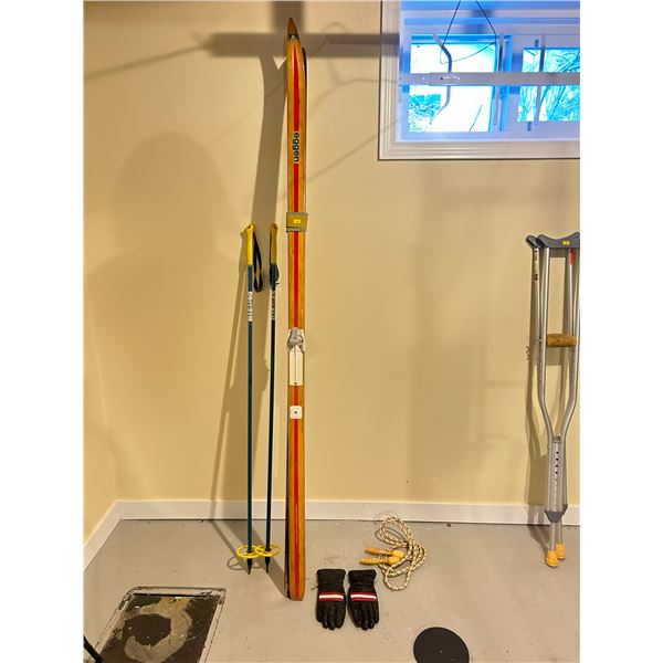 Set Of Vintage Skis And Polls With Gloves And Jump Rope