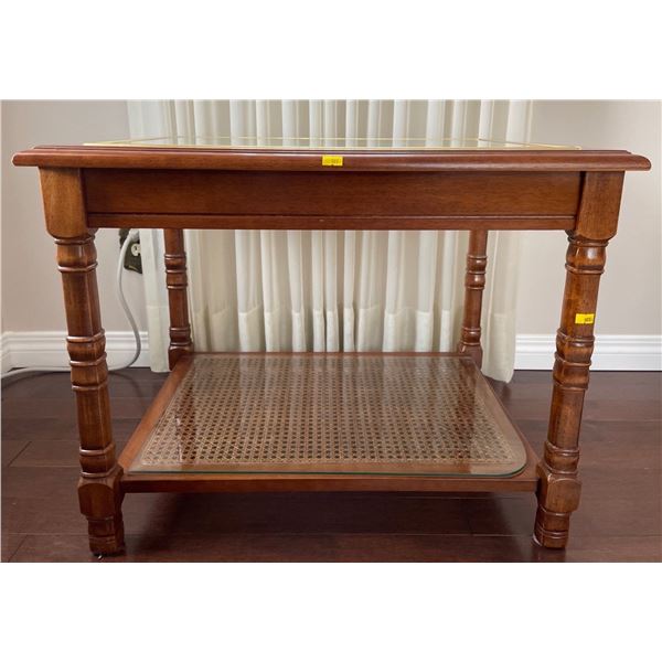 Vintage Hardwood Two Tiered Wood/Glass Side Table 27Lx21Dx21H