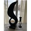Image 1 : 1980s Black Sculpture Son & Moon 23Hx20W - Comes With Matching Black Candle Holder