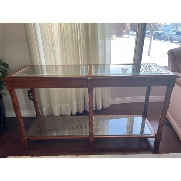 Vintage Hardwood Two Tiered Long Table With Glass & Brass Top 51Lx17Dx27H