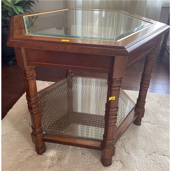 Vintage Hardwood Two Tiered Side Table - Hexagon Shape 24Lx24Wx21H