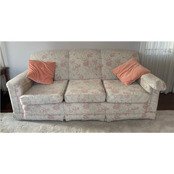 Off White With Pink Floral Design 3 Seater Couch - Built In 1940's, Solid Wood 74Lx38Dx31H