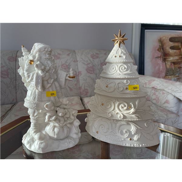 Set Of Two White Ceramic Music Boxes - Santa Claus 10Hx6W & Christmas Tree 10Hx8W