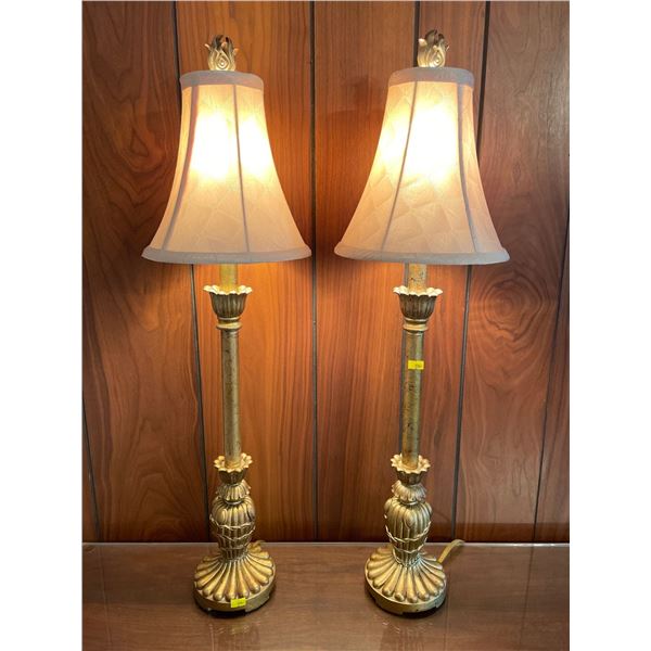 Vintage Brass Candle Stick Lamps - Gold With Material Shade 32Hx9W