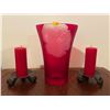 Image 1 : Inside Home Decor - Red Crystal Frosted Vase, & Matching Candles With Metal Bases