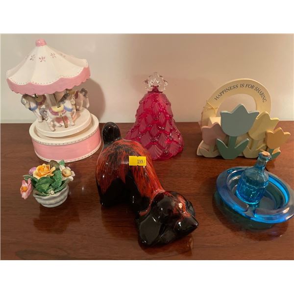 Assorted Collection of Inside Decor, Carousel Music Box, Figurines, Red Glass Bell & More