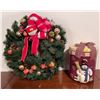 Image 1 : Christmas Decor - Wreath, & Decorative Ceramic Snowman Cookie Jar