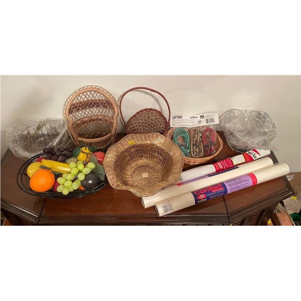 Assorted Collection Of Home Decor, Baskets, Fruit Display, Shelf Liner & More