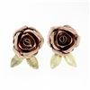 Image 1 : Retro Vintage 14k Rose & Green Gold Rose Flower w/ Textured Leaves Stud Earrings