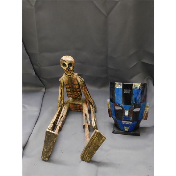 Abalone Shell Mask and Jointed Wooden Skeleton Folk Art