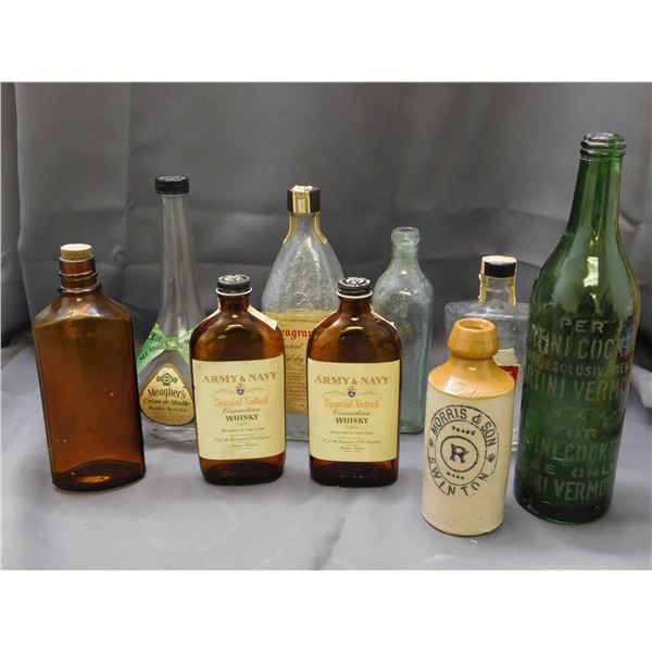 Lot of Vintage Liquor Bottles, Ginger Beer Stoneware, Army & Navy