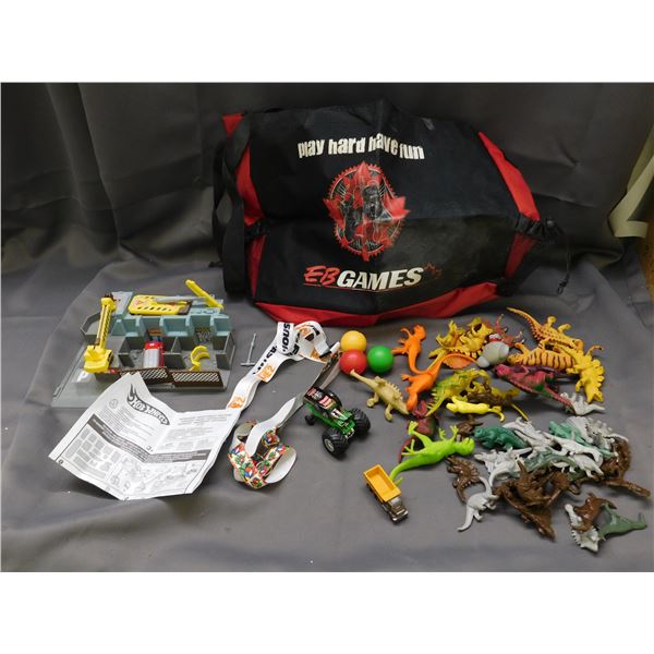 Lot of Assorted EB Games Bag, Dinosaur PVC Toys Hot Wheels Playset