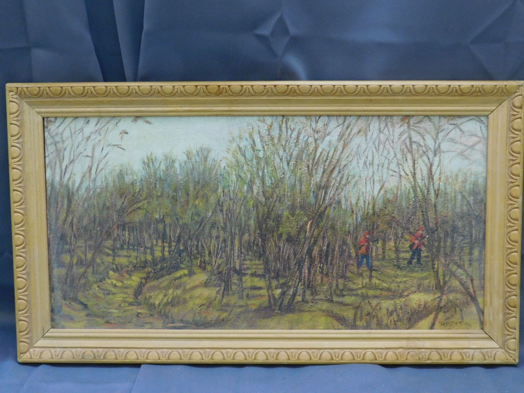 M. Riley Original Artwork Painting 1972 Hunters in Forest