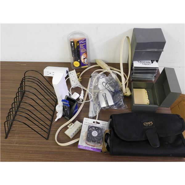 Junk Lot Household Electronics Outlets, Cord, CD Racks, Index Card Box, Travel Toiletries Bag