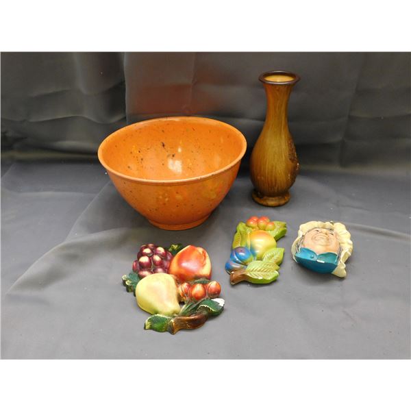 Rachaelray Melamine Orange Bowl, Wooden Vase, Wall Chalkware Fruit, Bossons Head Sarah Gamp