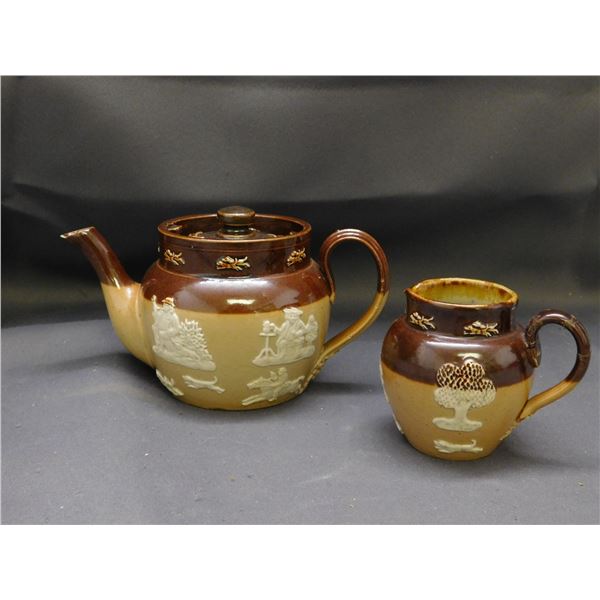 Antique Early 1900s Royal Doulton Stoneware Lambeth Tea Pot and Small Jar