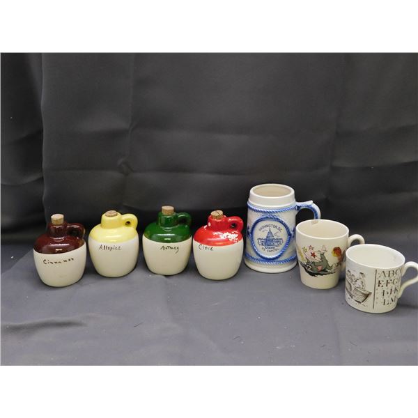 7pcs Pottery Spice Canisters, 3 Mugs (some chips)