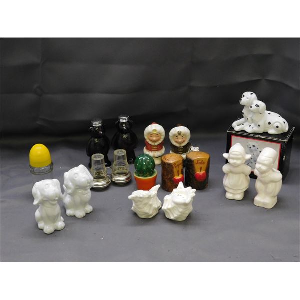 Lot of 7 Pairs of Salt and Pepper Shakers Ceramic, Wood, Glass, 1 Strays, 1 Dalmatian Statue