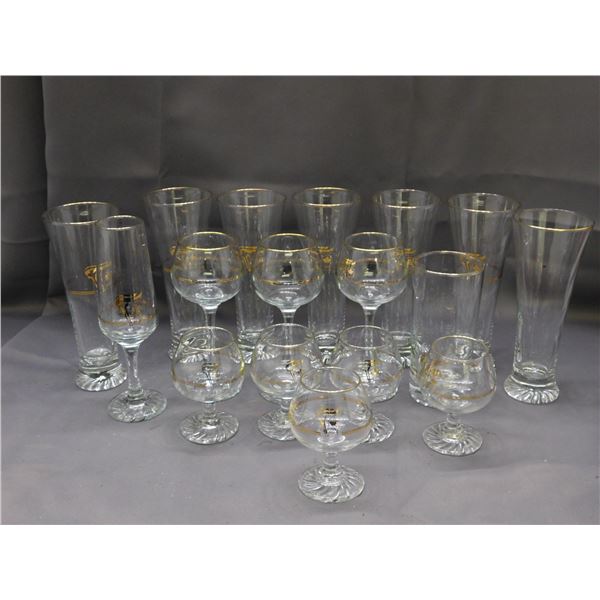 Lot of Canada Olympics Gold Rimmed Glass Ware Bar Ware Brandy, Wine, Beer, Champagne, Etc