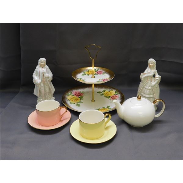 High Tea Coquette 2 Cups and Saucers, Dainty Tiered Server, 2 Porcelain Figurines, 1 Small Tea Pot