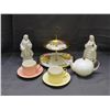 Image 1 : High Tea Coquette 2 Cups and Saucers, Dainty Tiered Server, 2 Porcelain Figurines, 1 Small Tea Pot