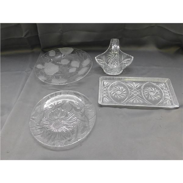 Lot of 4pcs Glass & Crystal Ware. Crystal Tray & Basket, 2 Glass Dishes Floral Etching