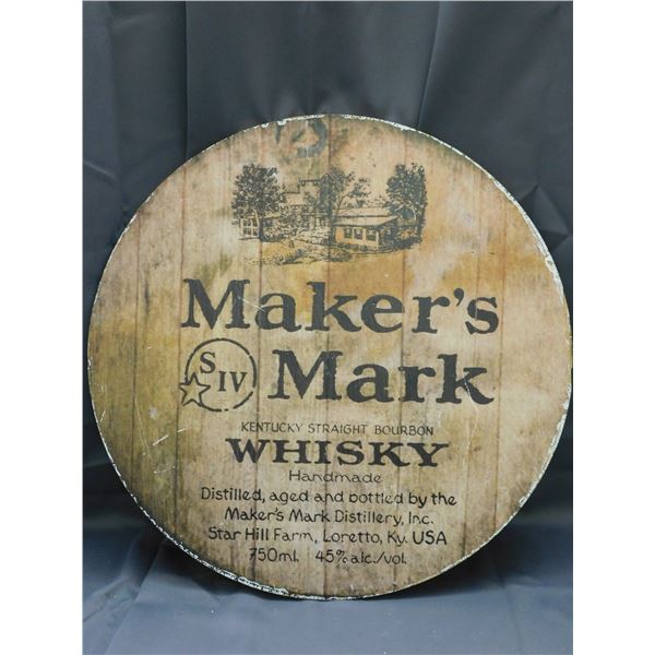 Wooden Whisky Barrel Reproduction Top Sign 23" Diameter "Maker's Mark"