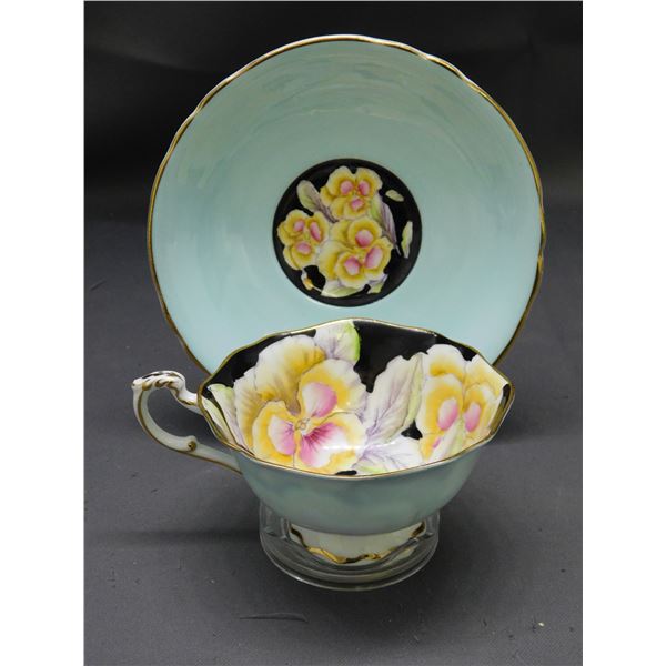 Paragon Pansies Baby Blue & Black Tea Cup & Saucer Fine Bone China England