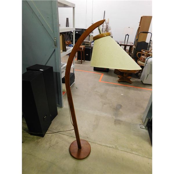 Vintage Mid Century Teak Arc Floor Lamp with Fabric Shade