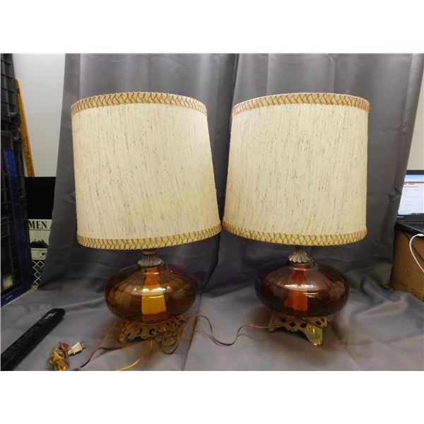 Pair of Amber Glass MCM Lamps with Fabric Shades