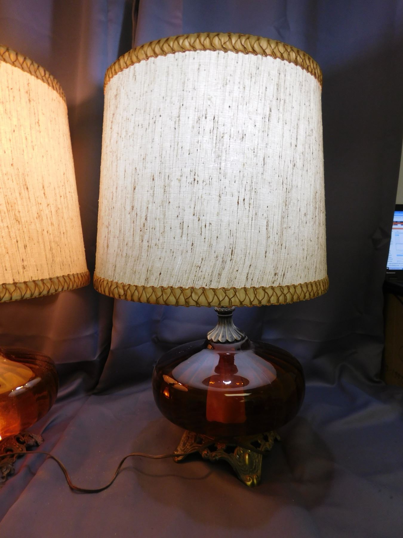 Pair of Amber Glass MCM Lamps with Fabric Shades