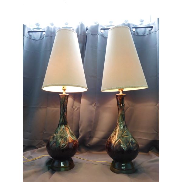 Pair of MCM Ceramic Drip Glaze Pottery Lamps with Fabric Cone Shades *working