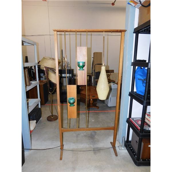 MCM Teak & Brass Room Divider with Spaghetti Lamp and 2 Green Pottery Planters