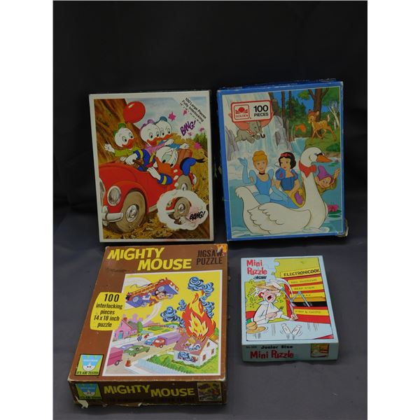 4pc Mini Puzzle Jetsons (complete) and 3 Disney 100pc Puzzles Princesses, Donald Duck, Mighty Mouse