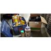 Image 1 : BOX AND TOTE OF TAKE OUT CONTAINERS AND SPICES MOST PASSED BEST BEFORE DATE.