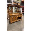 Image 1 : GORGEOUS CARVED ANTIQUE OAK 2PC CABINET WITH GALLERY MIRROR, UNIQUE PULL HANDLES, AND PULL OUT BAR, 