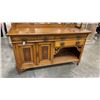 Image 2 : GORGEOUS CARVED ANTIQUE OAK 2PC CABINET WITH GALLERY MIRROR, UNIQUE PULL HANDLES, AND PULL OUT BAR, 