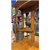 Image 3 : GORGEOUS CARVED ANTIQUE OAK 2PC CABINET WITH GALLERY MIRROR, UNIQUE PULL HANDLES, AND PULL OUT BAR, 