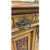 Image 7 : GORGEOUS CARVED ANTIQUE OAK 2PC CABINET WITH GALLERY MIRROR, UNIQUE PULL HANDLES, AND PULL OUT BAR, 