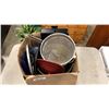 Image 1 : BOX OF COOKWARE AND LARGE STRAINER