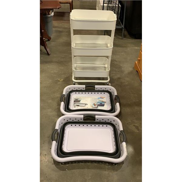 3 TIER ROLLING METAL CART AND 2 COLLAPSIBLE LAUNDRY HAMPERS