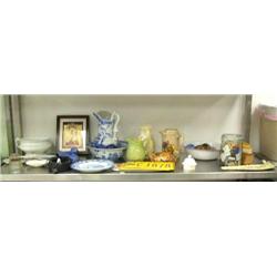 3 old Alaska plates; framed Russian Orthodox icon; blue willow plate; blue tranfer ware plate with s