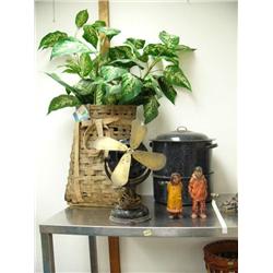 Old basket for carrying wood; old enamel granite ware kettle; old electric fan; 2 Eskimo pottery fig