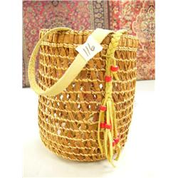 Cedar basket with leather handle 7" with red heart trade beads on it by Maryanna Alexandera Guse org