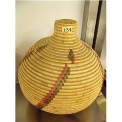 13" museum quality grass basket from the Delta area approx. 60 years old red and green designs (39)