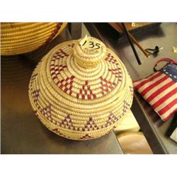 7-1/2" grass basket red and purple designs from Kipnuk decorated with dyed seal gut designs (39)