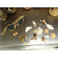 Outrageuos c.1940 glass beaded moccasin coin purse; pair of Aleut basket earrings; pair of mukluk be