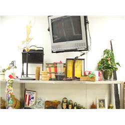 Large collection of baskets, weather vane, display case, bottle capper, wood box, etc. (39)